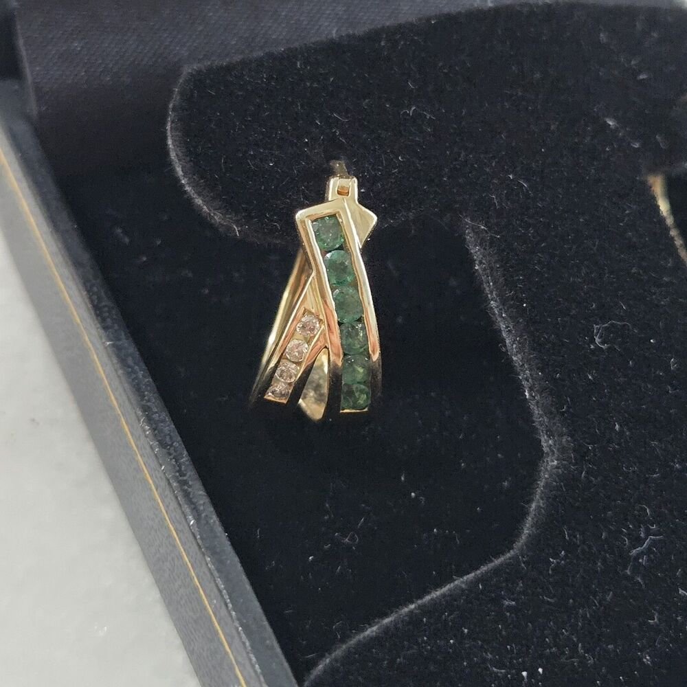 Estate 14K Yellow Gold Emerald Huggie Earrings - Picture 11 of 12